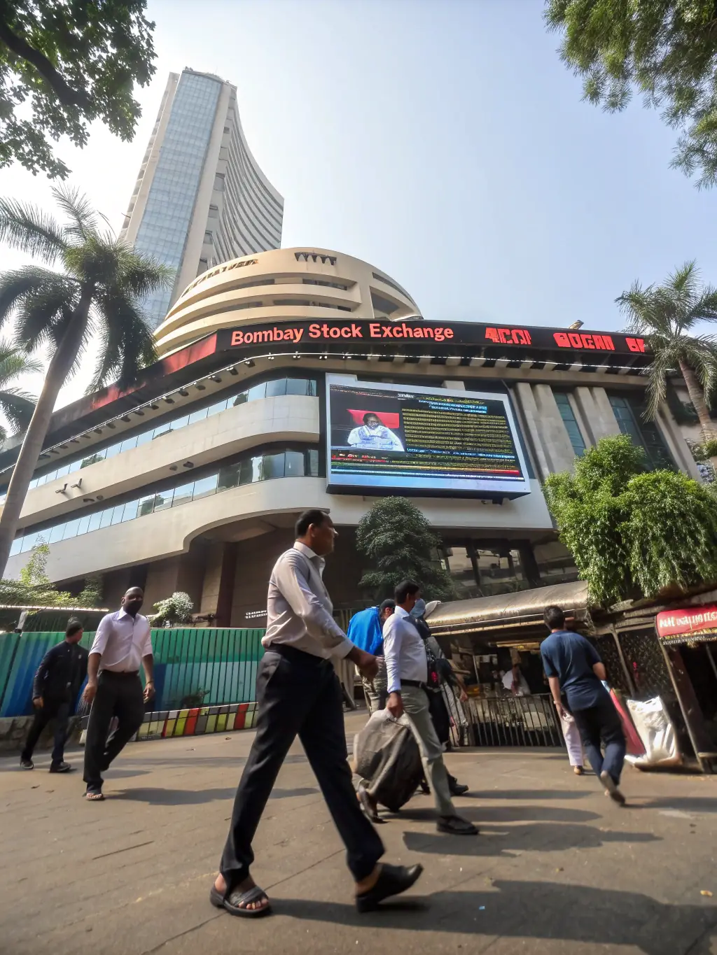 A vibrant image showcasing the Bombay Stock Exchange (BSE) building in Mumbai, India, during a busy trading day, symbolizing the Indian stock market.