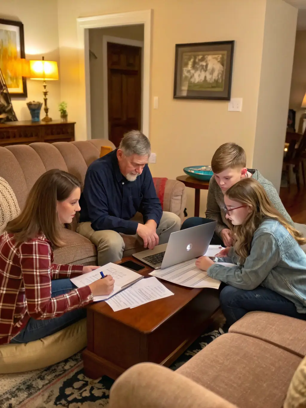 A focused Indian family is reviewing their investment portfolio at home, discussing long-term financial goals with a financial advisor.